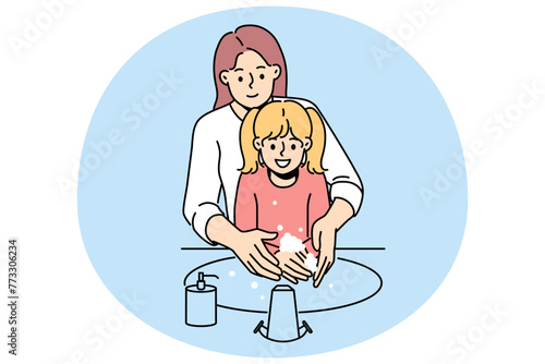 Caring mother and little daughter washing hands together in bathroom sink. Smiling mom help small child clean hands in bath. Vector illustration.