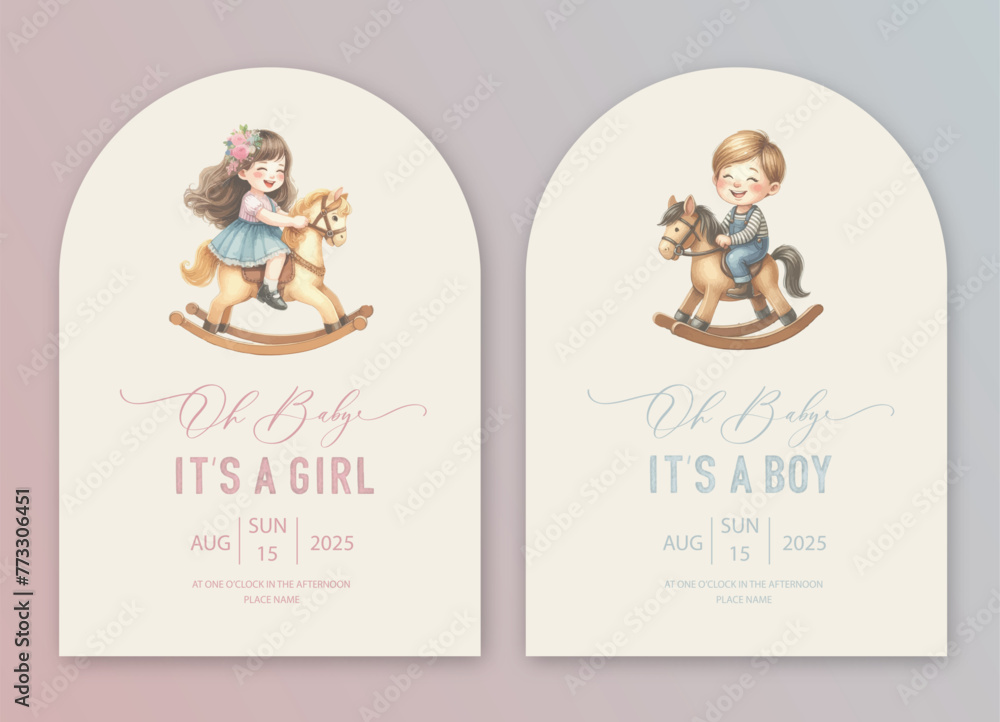 Cute arch baby shower watercolor invitation card for new born celebration with boy and girl on a toy rocking horse with balloons.