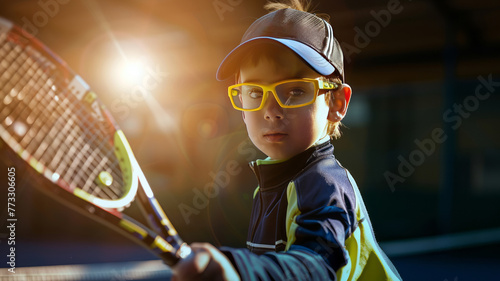 sports photography, a very young kid dressed as a professional tennis player,generative ai © Chanya2498