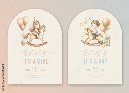 Cute arch baby shower watercolor invitation card for new born celebration with boy and girl on a toy rocking horse with balloons.