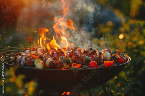 Barbecue grill sizzling with flames and smoke, surrounded by fresh ingredients such as vegetables, meats, and skewers, outdoor party.