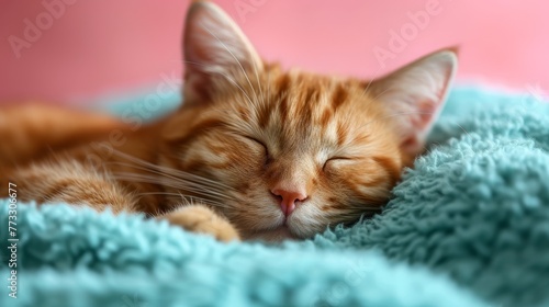  A close-up of a cat lying on a blanket with its eyes closed