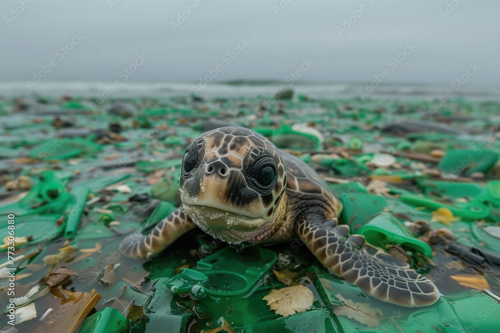 Tortue au milieu de la pollution et de déchets en plastique - les