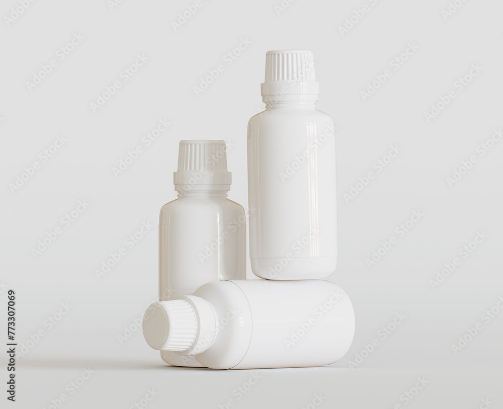 White Blank Bottle For Medicine Or Beauty Product on white Background, Copy Space. Empty Space. Minimalism. 3d rendering White Blank Bottle For Medicine Or Beauty Product on white Background, Copy Space. Empty Space. Minimalism. 3d rendering
