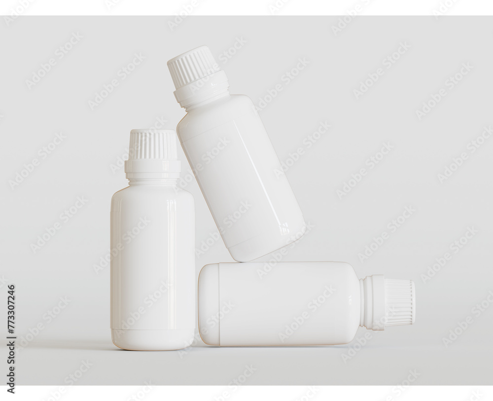 White Blank Bottle For Medicine Or Beauty Product on white Background, Copy Space. Empty Space. Minimalism. 3d rendering White Blank Bottle For Medicine Or Beauty Product on white Background, Copy Space. Empty Space. Minimalism. 3d rendering