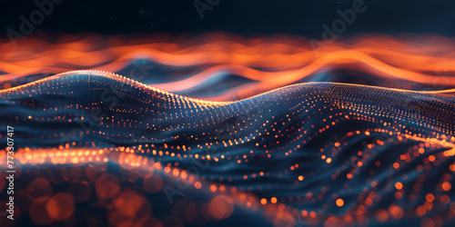 3d blue orange abstract with digital connections and lines, dots representing digital binary data. Concept for big data,deep machine learning, artificial intelligence,business technology ,futuristic