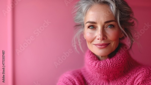   An older woman, sporting grey hair, wears a pink turtleneck sweater while smiling at the camera A pink wall serves as the backdrop photo