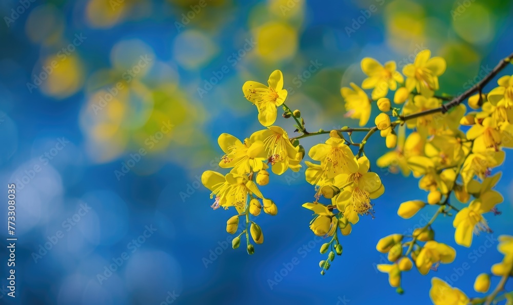 Laburnum flowers with their vibrant color contrasting against a blue sky