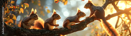 Squirrel family on the forest tree in the evening with sunset. Group of wild animals in nature. Horizontal, banner. © linda_vostrovska