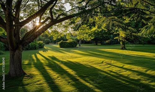 Laburnum tree branches casting shadows on a lush green lawn
