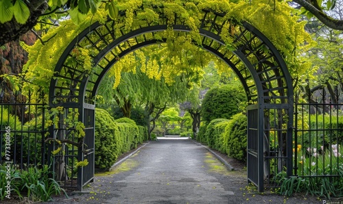 Laburnum tree branches forming an archway over a garden gate