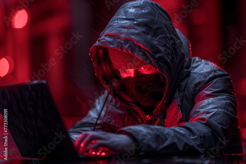 Male hacker with mask on his face and hood over his head hacking into a network or steals sensitive data from a laptop. Darknet Exploration and cyberattack concept