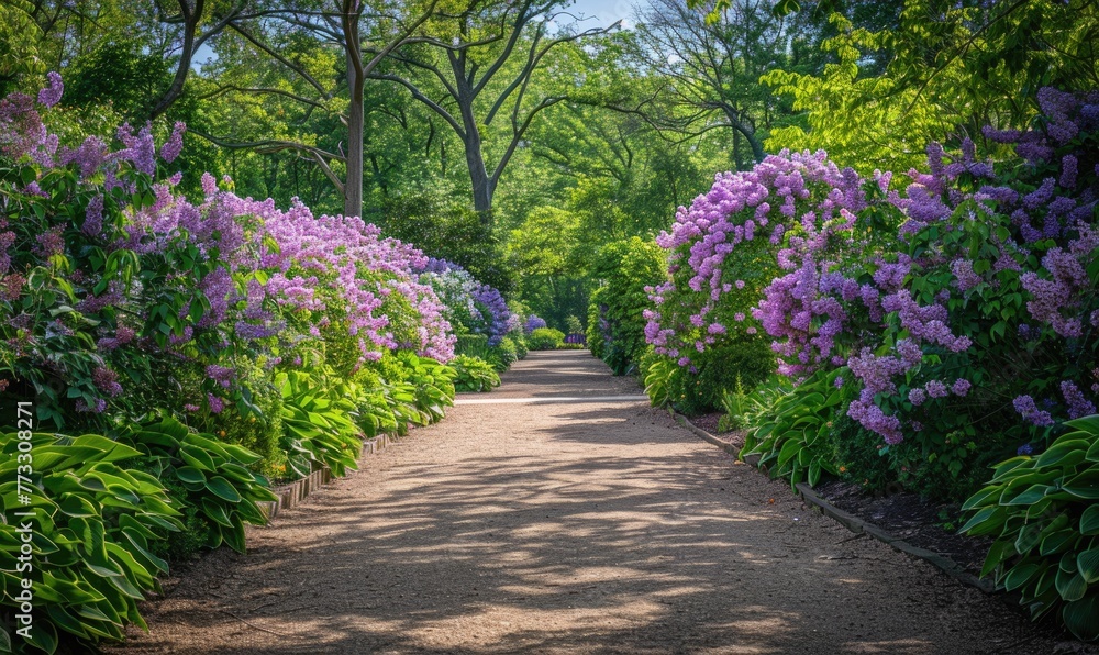Lilac bushes lining a pathway in a botanical garden