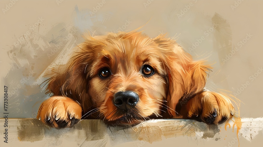 A delightful digital depicting an adorable golden retriever puppy on its first day exploring a new home