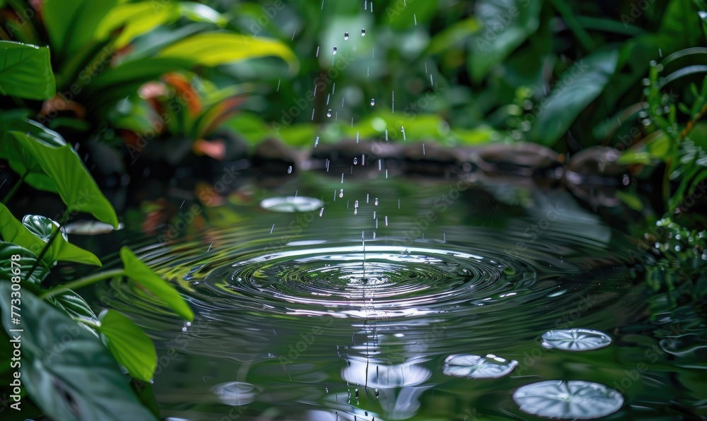 Raindrops falling into a tranquil pond surrounded by lush vegetation Raindrops falling into a tranquil pond surrounded by lush vegetation