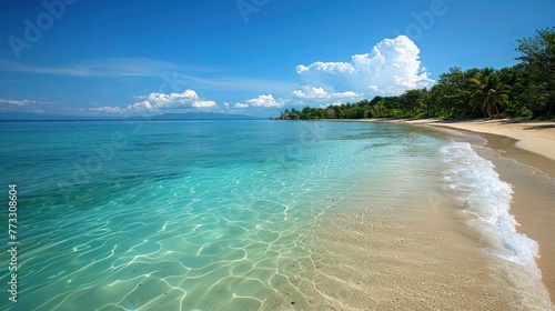 A serene tropical beach scene with a clear horizon, showcasing the sky blending into white sand