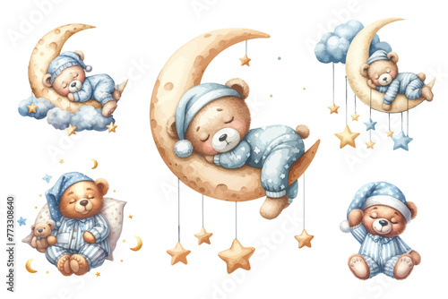 Set of watercolor sleeping bear on moon and cloud.