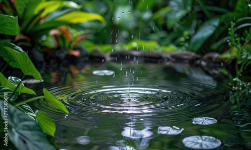 Raindrops falling into a tranquil pond surrounded by lush vegetation