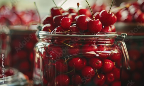 Ripe cherries showcased in a glass jar filled with clear syrup