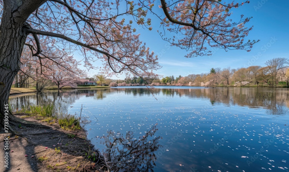 The lake in full bloom during the springtime, cherry tries blossoms near the lake in clear sunny day The lake in full bloom during the springtime, cherry tries blossoms near the lake in clear sunny day