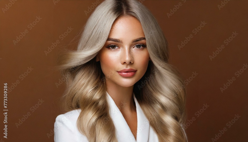 woman with glossy wavy white long hair isolated on brown background woman with glossy wavy white long hair isolated on brown background