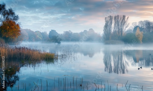 The lake shrouded in mist during a crisp autumn morning