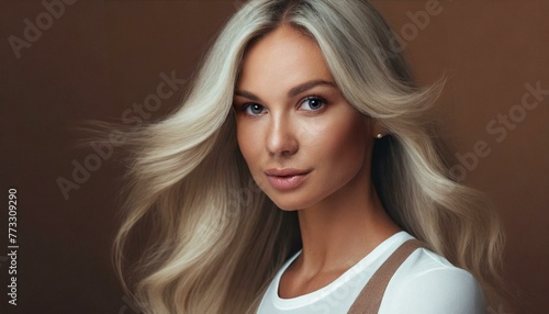 woman with glossy wavy white long hair isolated on brown background