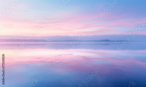 The soft pastel colors of dawn breaking over the horizon photo