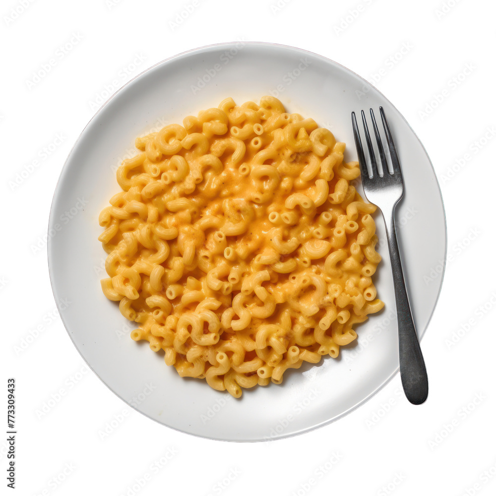 Delicious homemade mac and cheese with a fork on a plate seen from above isolated on a transparent background