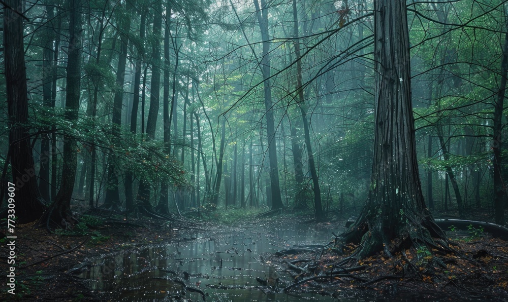 Obraz premium A cedar forest in the rain, nature background
