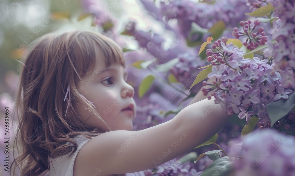 A child reaching out to touch a blooming lilac flower