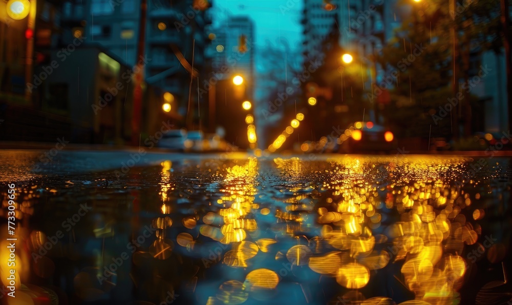 A city street illuminated by the soft glow of streetlights during a rainy evening