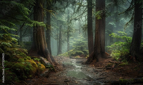 A cedar forest in the rain, nature background © TheoTheWizard