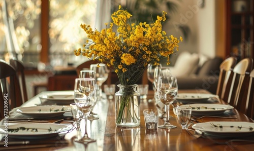 A chic dining table set for a dinner party, bouquet of yellow flower © TheoTheWizard