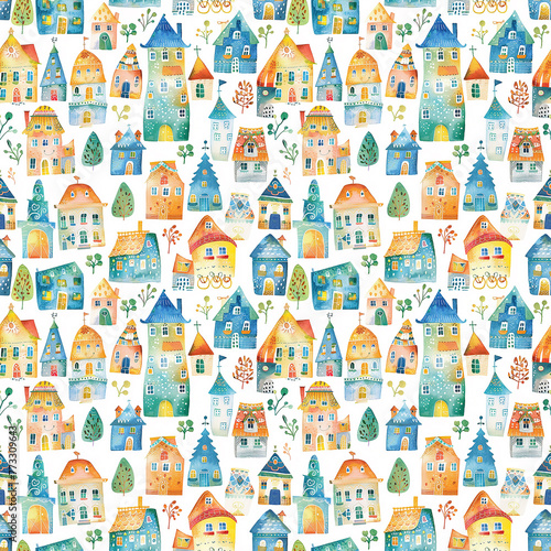 Whimsical Watercolor Village Pattern