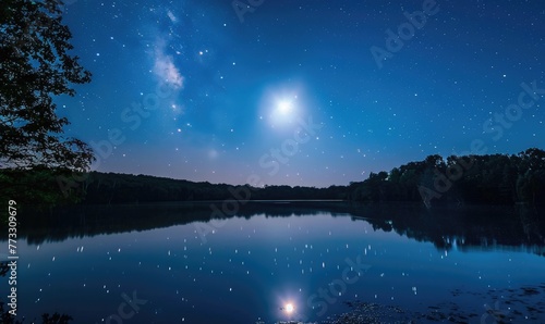 A clear night sky filled with twinkling stars and a bright full moon reflecting on the surface of a calm lake