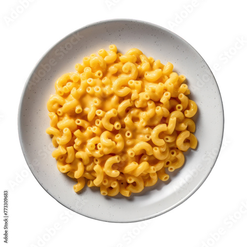 Delicious homemade mac and cheese on a plate seen from above isolated on a transparent background
