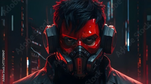 a man wearing a red mask and black hair, cyberpunk. © Icon