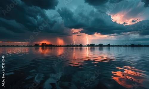 A dramatic stormy sky looming over the horizon, with dark clouds and flashes of lightning reflected in the waters of a lake