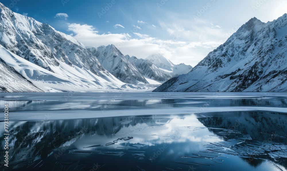 Fototapeta premium A frozen lake in the depths of winter, surrounded by snow-capped mountains