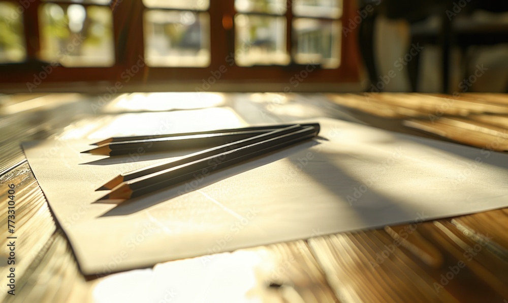 Graphite pencils and white paper scattered on a wooden table Graphite pencils and white paper scattered on a wooden table
