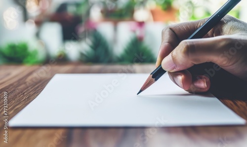 A hand holding a graphite pencil poised over a blank sheet of white paper