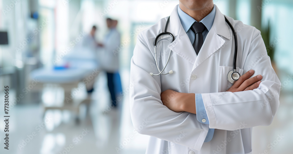 Male Doctor in Hospital Setting, Male Doctor with Arms Crossed in Hospital Environment Male Doctor in Hospital Setting, Male Doctor with Arms Crossed in Hospital Environment