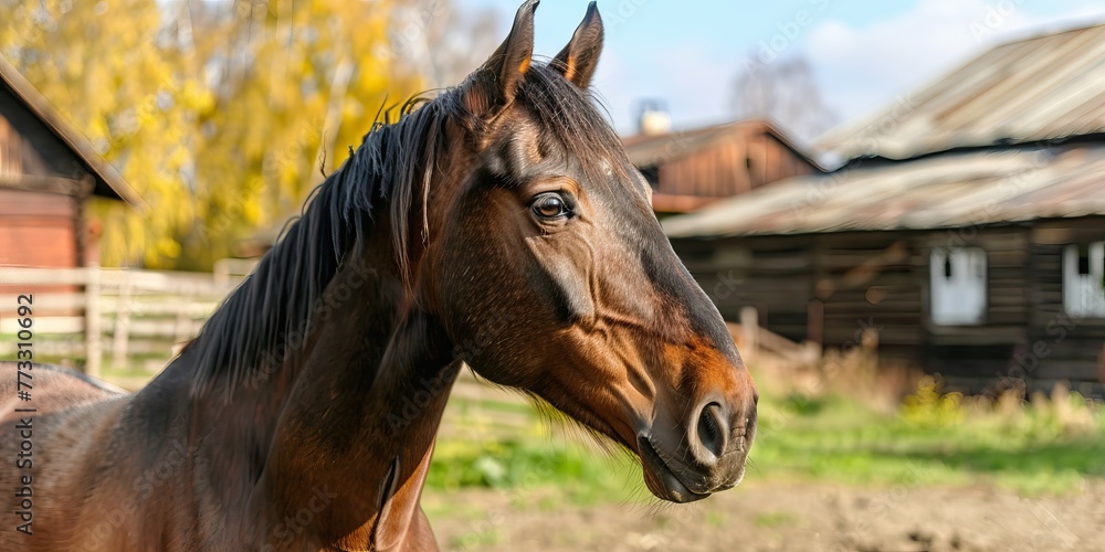 Fototapeta premium Brown horse with a shiny coat in a paddock