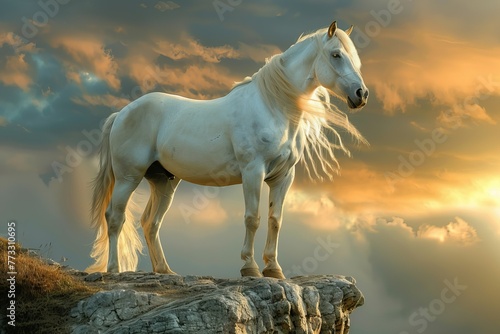 White horse standing on a rock formation with clouds behind