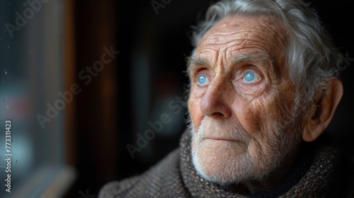  A tight shot of an elderly man, his scarf swathed around neck, gaze bearing piercing blue eyes