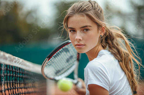 female tennis player in action near the net,generative ai © Chanya2498