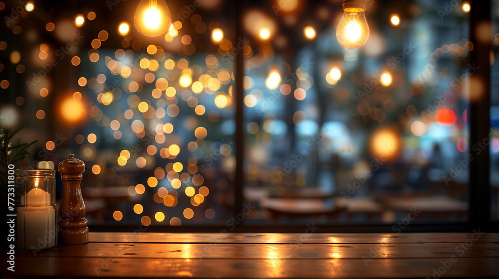 Blurred background of a vintage restaurant with bokeh lights, Blurred Ambiance of a Cozy Dining Setting, Charming Bistro Atmosphere