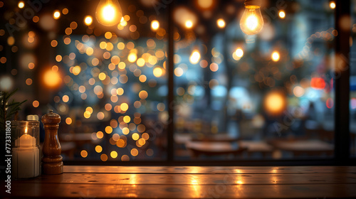 Blurred background of a vintage restaurant with bokeh lights, Blurred Ambiance of a Cozy Dining Setting, Charming Bistro Atmosphere