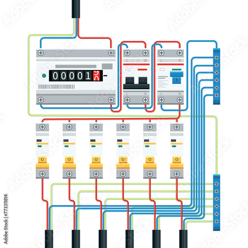 Single-phase network energy meter connection diagram.Types and components of electrical. Electrical power switch panel. Electricity equipment. Power Switch Panel. Vector illustration.